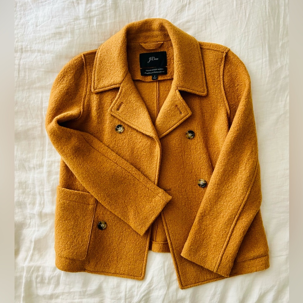 J.Crew double breasted Italian boiled wool pea coat in mustard size 2 EUC